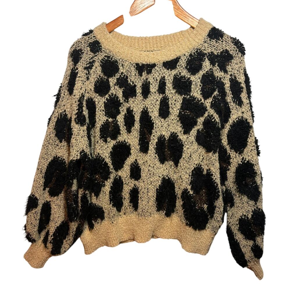 Mud Pie Women's Size Medium Linden Boucle  Cheetah Sweater Fuzzy Knit Pullover